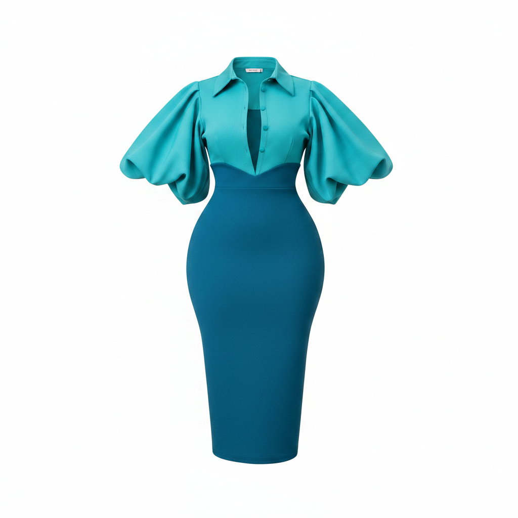Ghost mannequin view of women's two-tone teal balloon sleeve bodycon midi dress