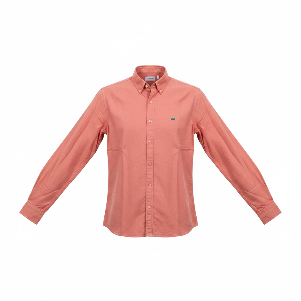 Men's salmon pink long-sleeve button-down casual shirt on ghost mannequin, white background