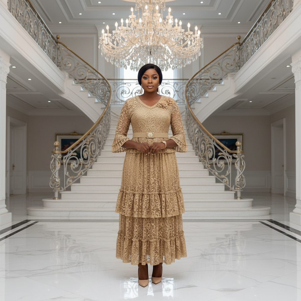 Nigerian woman wearing gold champagne lace peplum top and tiered midi skirt set
