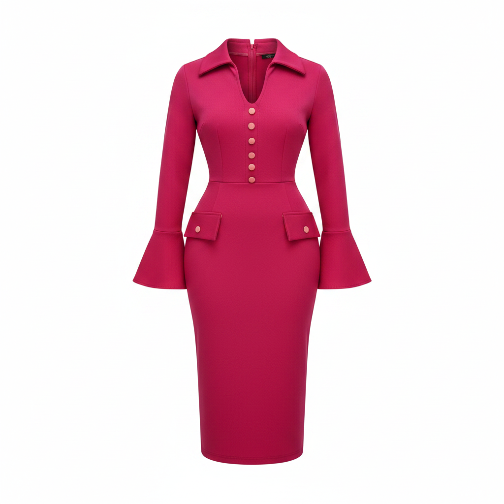 Women's Hot Pink Button-Front Peplum Bell-Cuff Midi Dress – Ghost Mannequin Front View