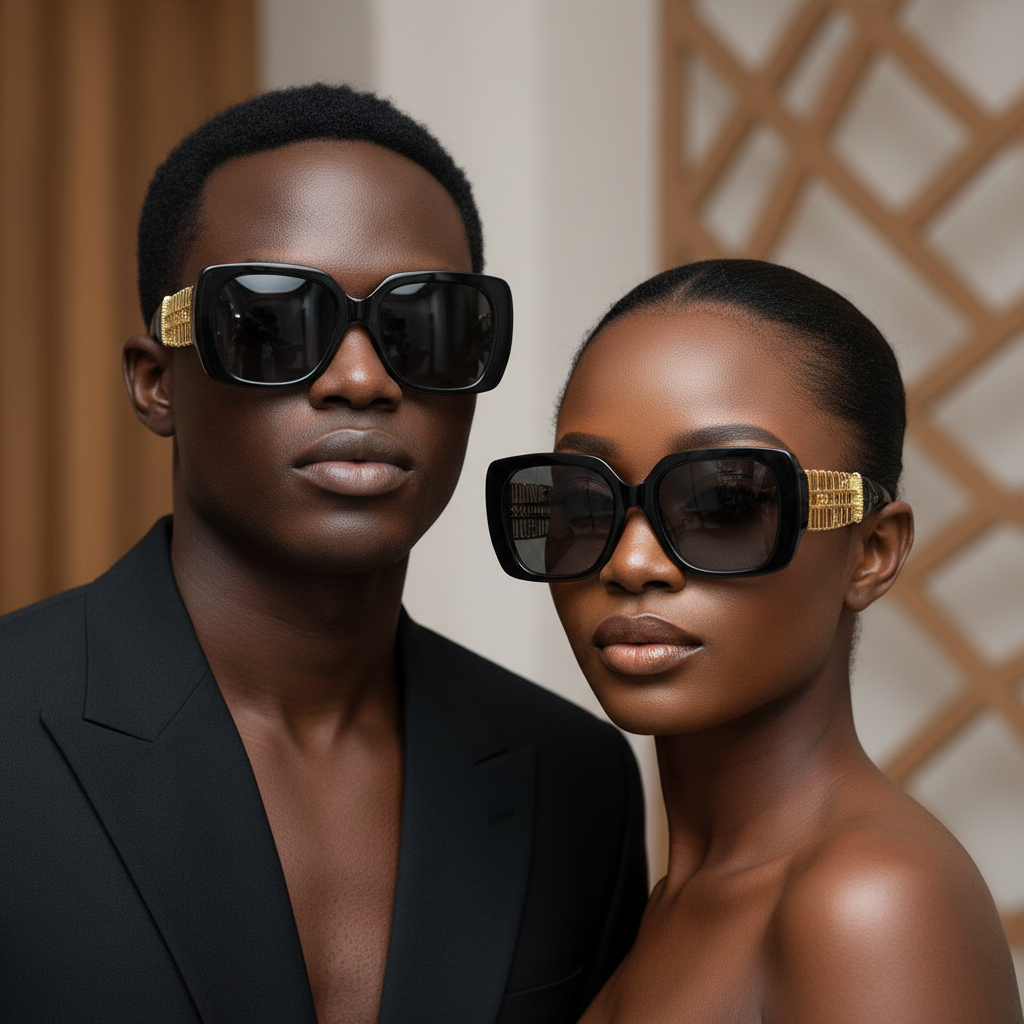 Nigerian male and female models wearing oversized square sunglasses black frame grey lens gold lattice temple