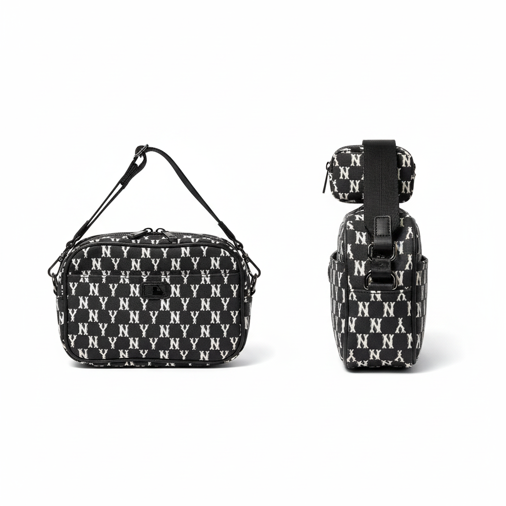 Ghost mannequin style leather crossbody bag catalog shot, front and side view