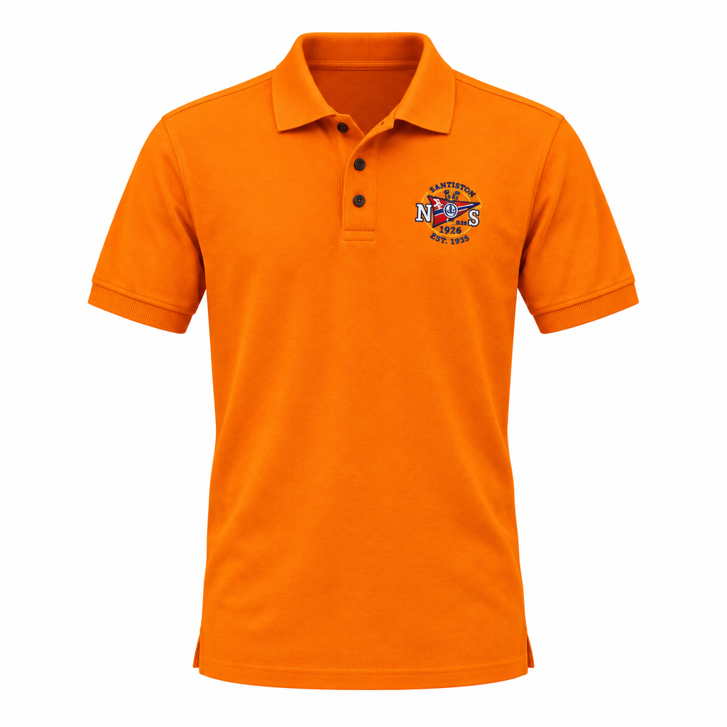 Bright orange nautical club badge polo shirt ghost mannequin on white background