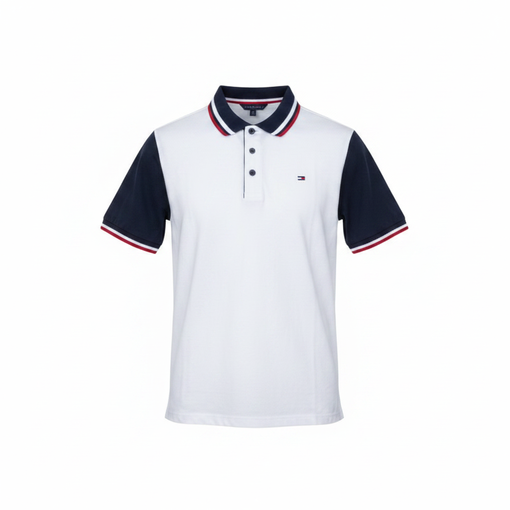 White and navy colour block short sleeve polo shirt with striped ribbed collar and cuffs — ghost mannequin front view