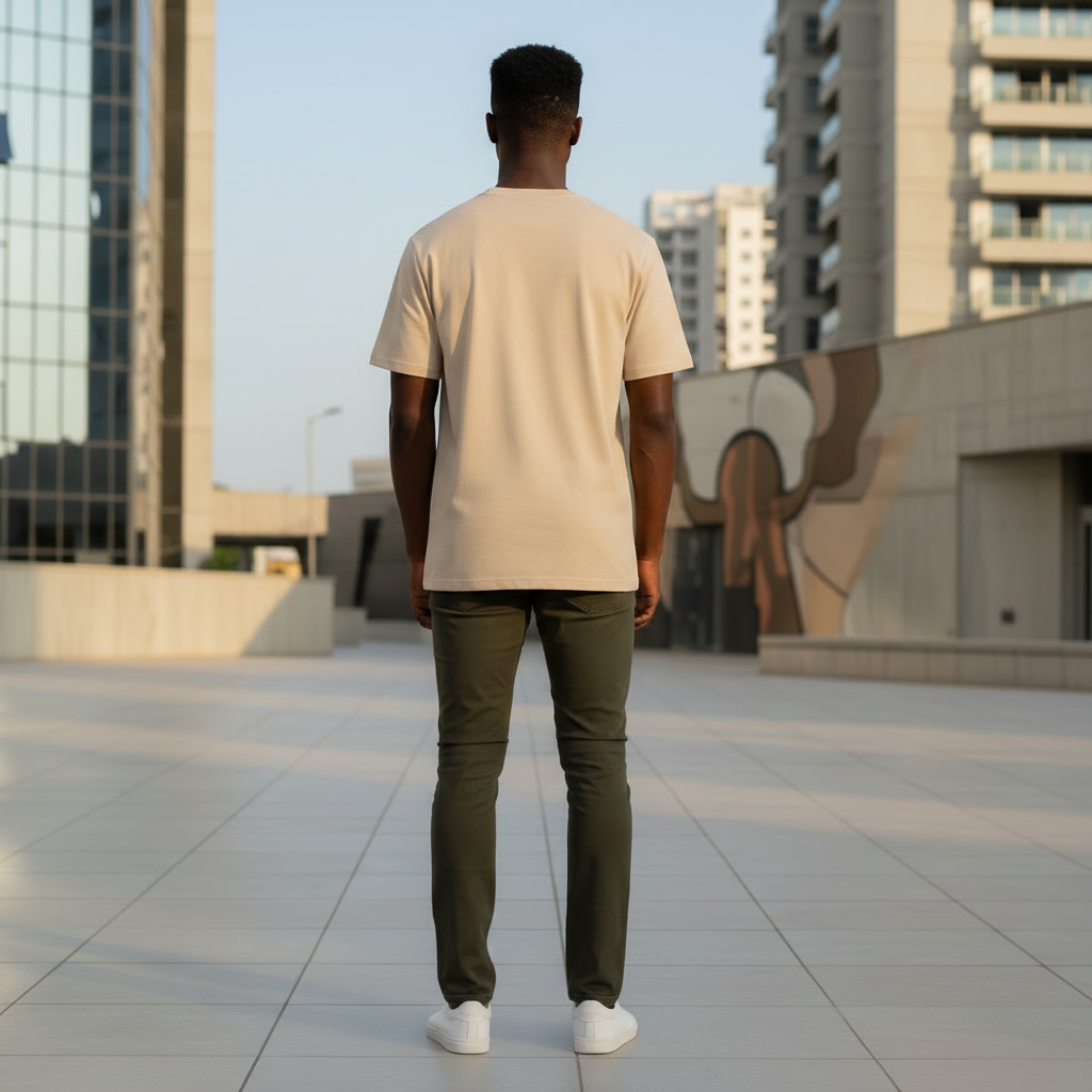 Plain Beige Tee back view on Nigerian male model
