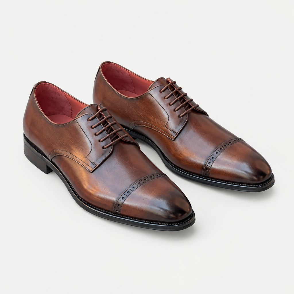 Pair of brown men's lace-up cap-toe shoes