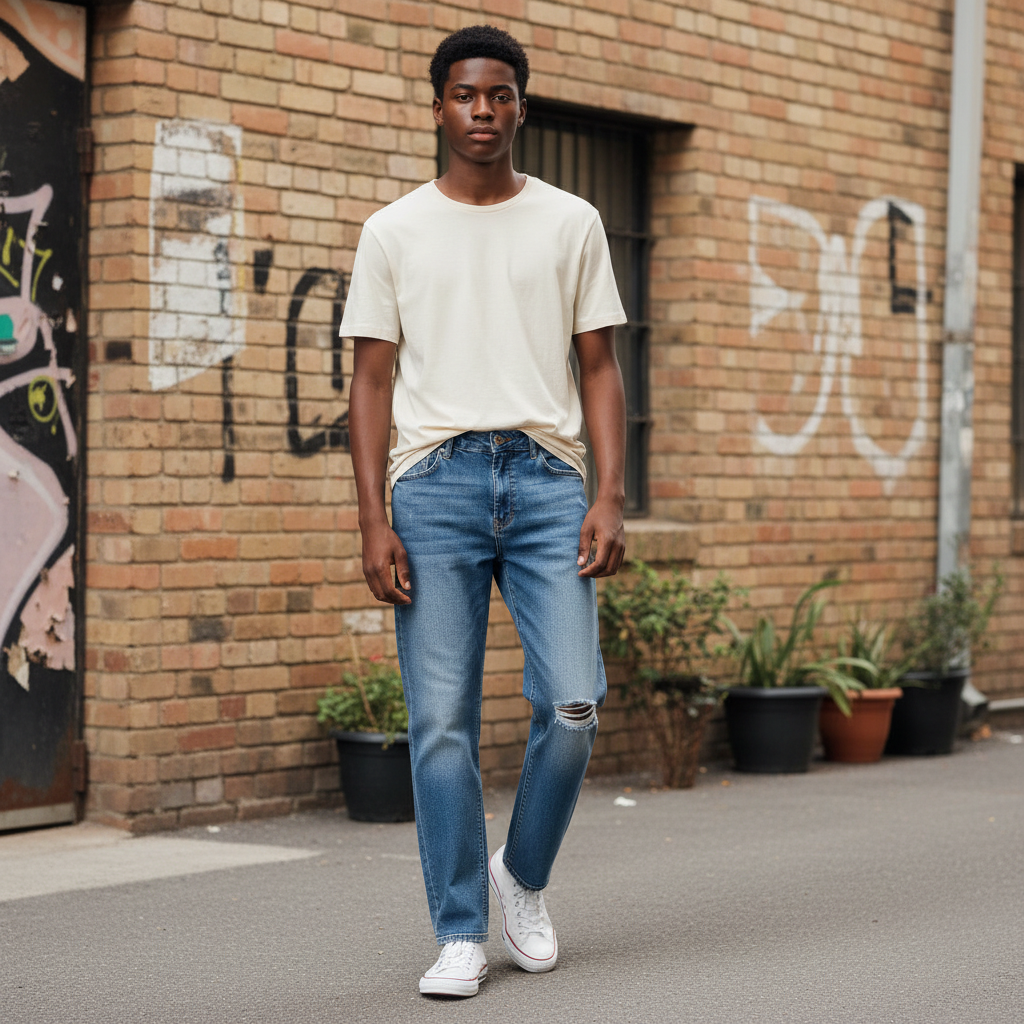 Blue Ripped Straight-Leg Jeans - Model Shot