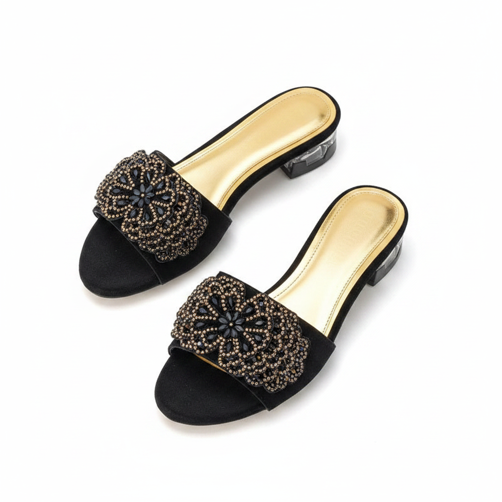 Women's Floral Rhinestone Medallion Clear-Heel Slide - Gold Ghost Mannequin