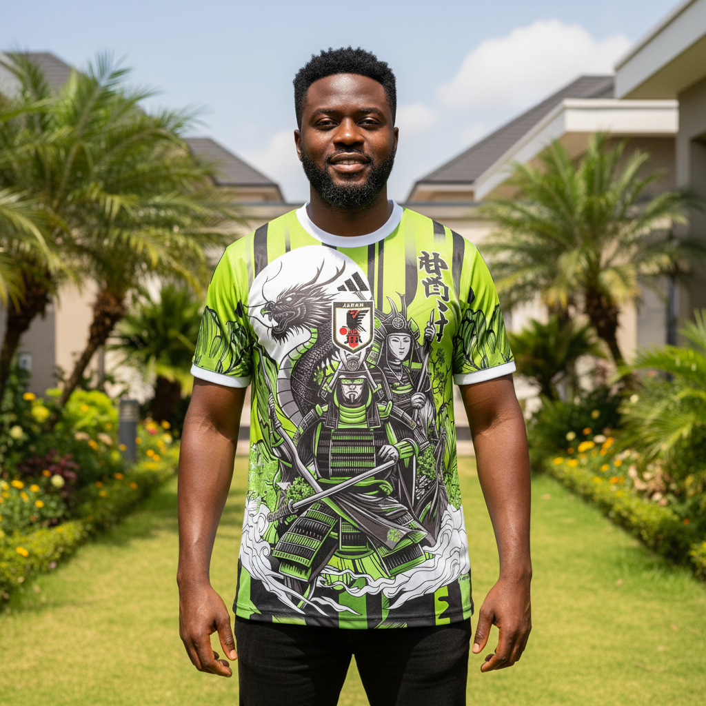 Lime green samurai and dragon graphic football jersey on Nigerian male model