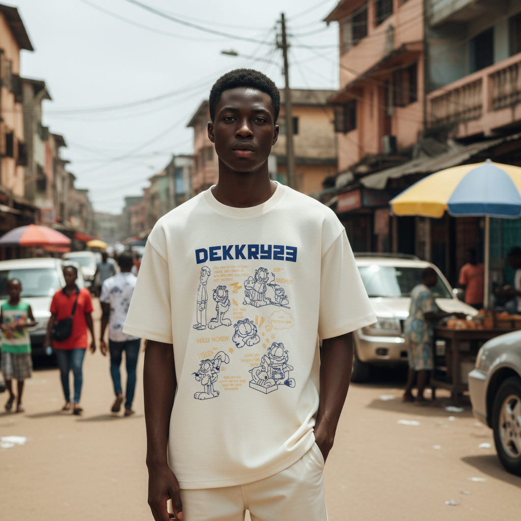 Young Nigerian male model wearing DEKKRY23 cartoon graphic tee