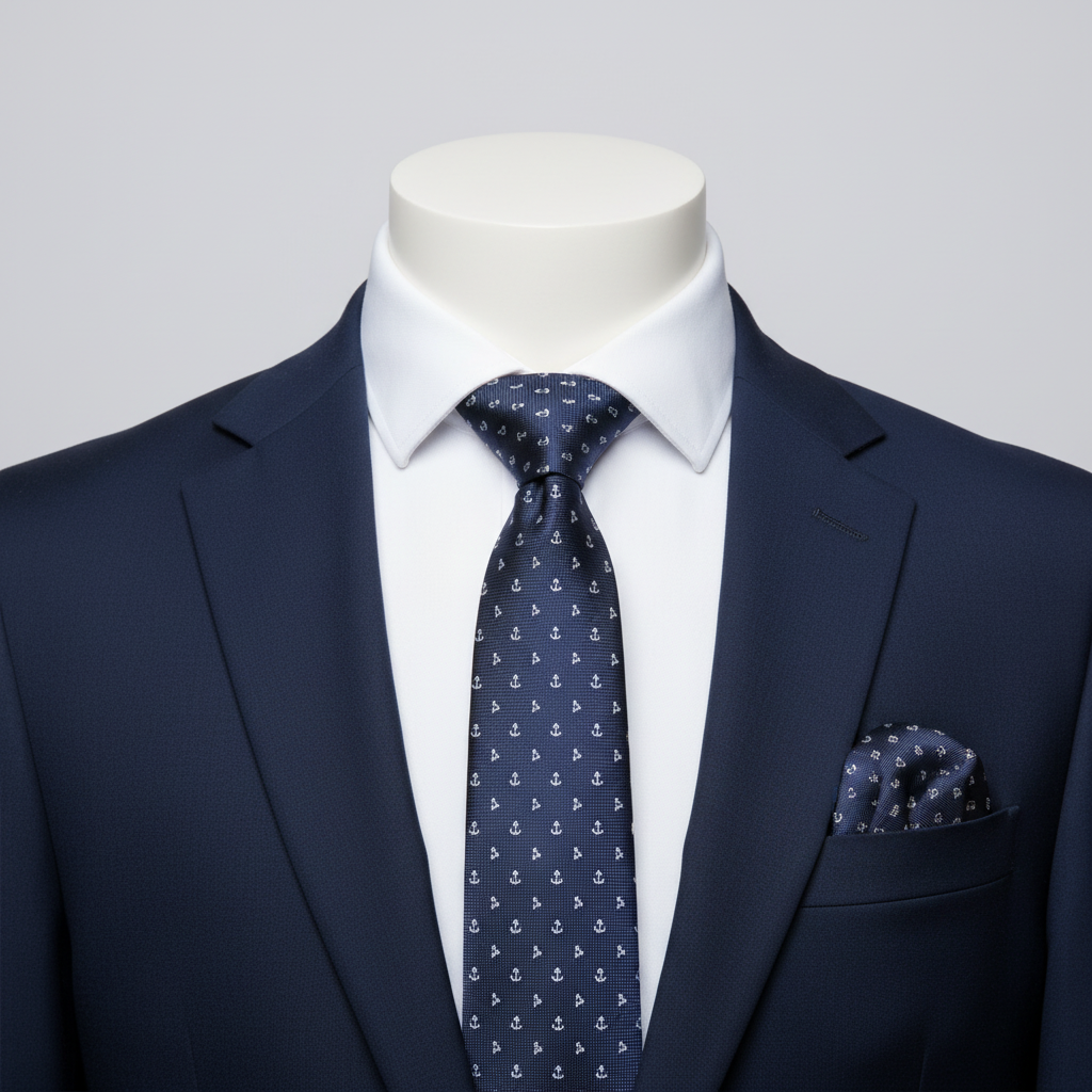 Men's navy blue anchor nautical print woven necktie and pocket square on ghost mannequin with white shirt and navy suit