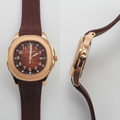 Rose gold cushion case brown dial brown rubber strap men's watch front and side view