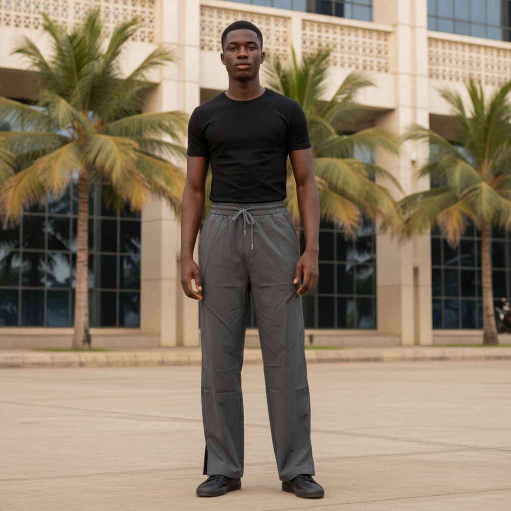 Model wearing charcoal panelled technical joggers