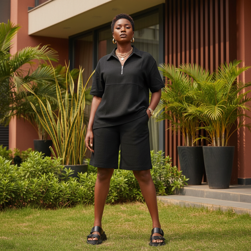 Nigerian female model wearing Unisex Black Half-Zip Polo Shirt & Wide-Leg Shorts Co-ord Set