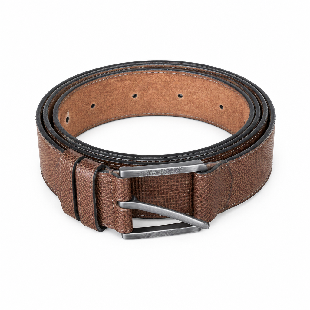 Dark brown textured belt with angular silver-tone buckle on white