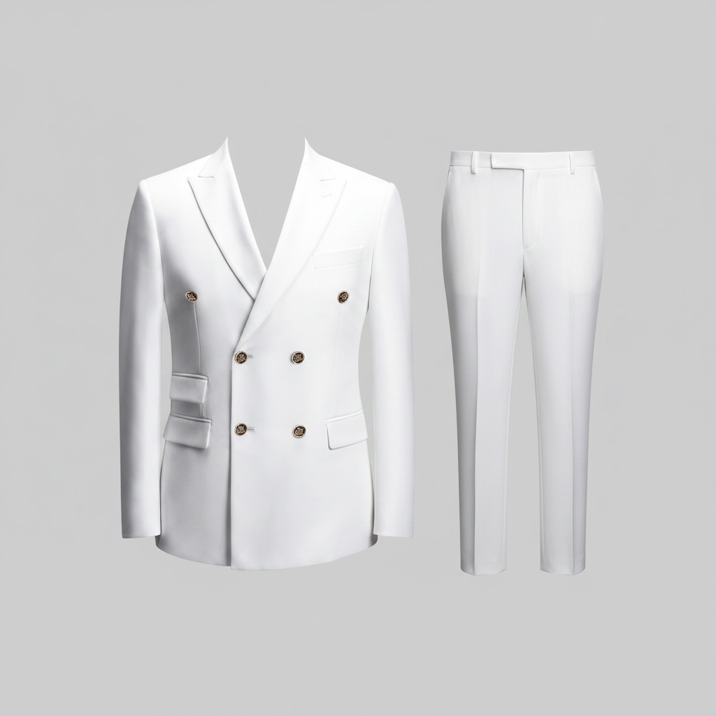 Men's white double-breasted suit jacket and trousers side by side ghost mannequin
