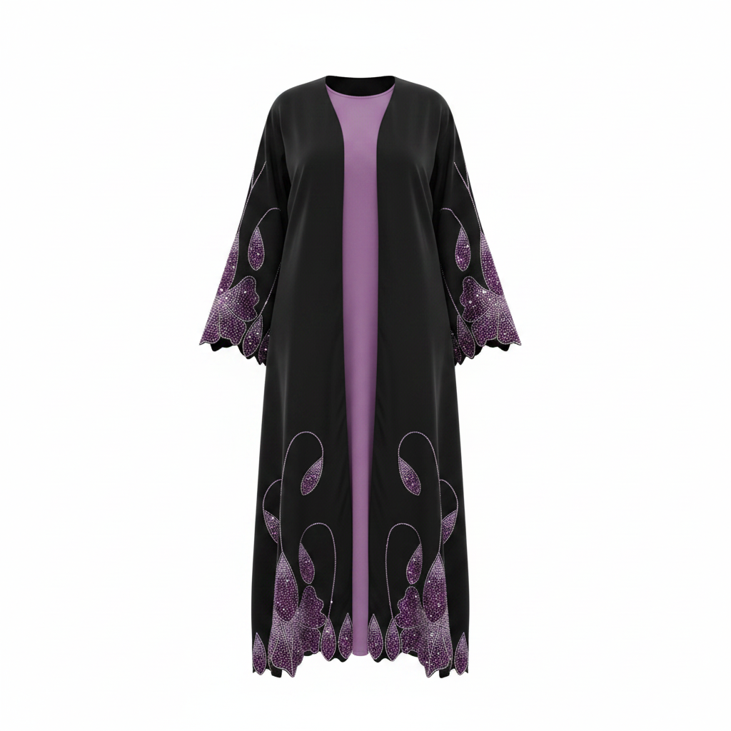Black abaya set with purple crystal embroidery ghost mannequin front view
