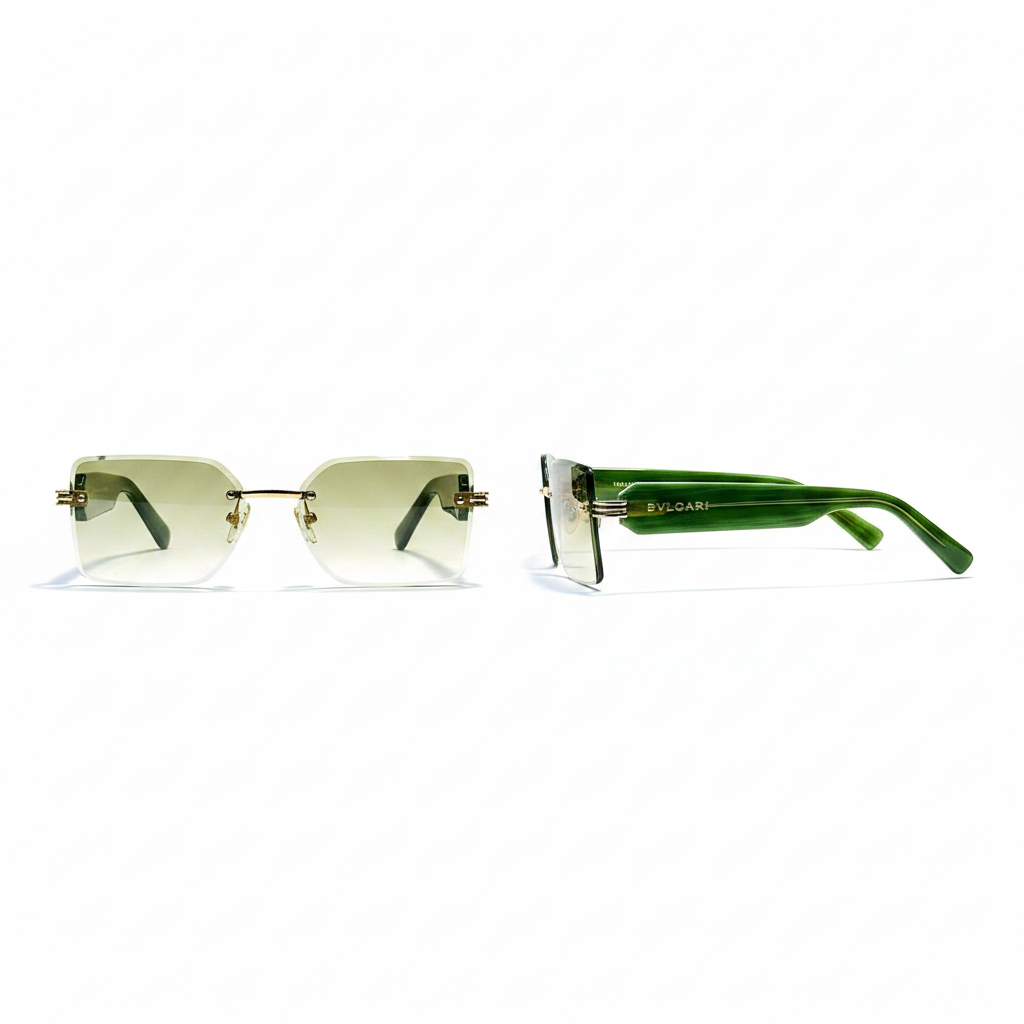 Ghost mannequin view — Rimless Rectangular Sunglasses Gold Bridge Green Temple, front and side view