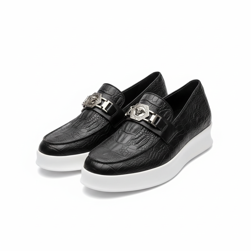 Men's Black Croc-Embossed Leather Platform Slip-On Loafer – Pair View