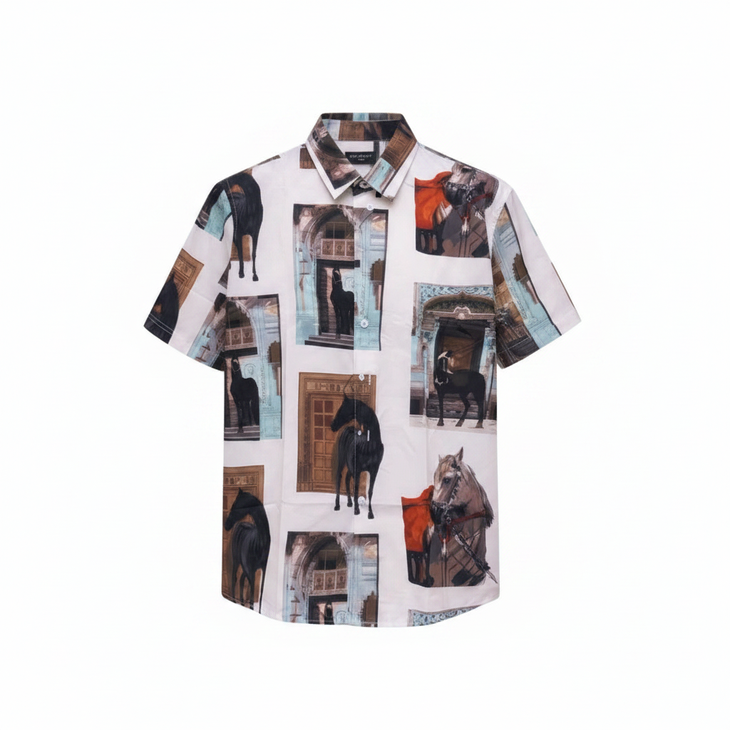 Men's white equestrian collage print short-sleeve shirt ghost mannequin front view