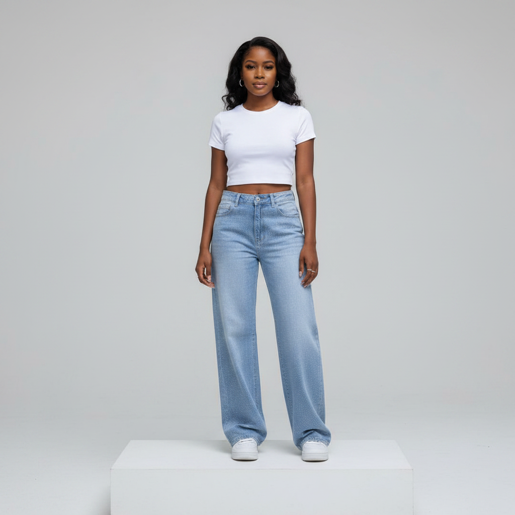 Ice Blue High-Waist Wide-Leg Jeans – Model Front