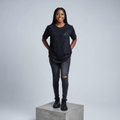 Nigerian female model front view wearing black tonal rhinestone angel wings T-shirt