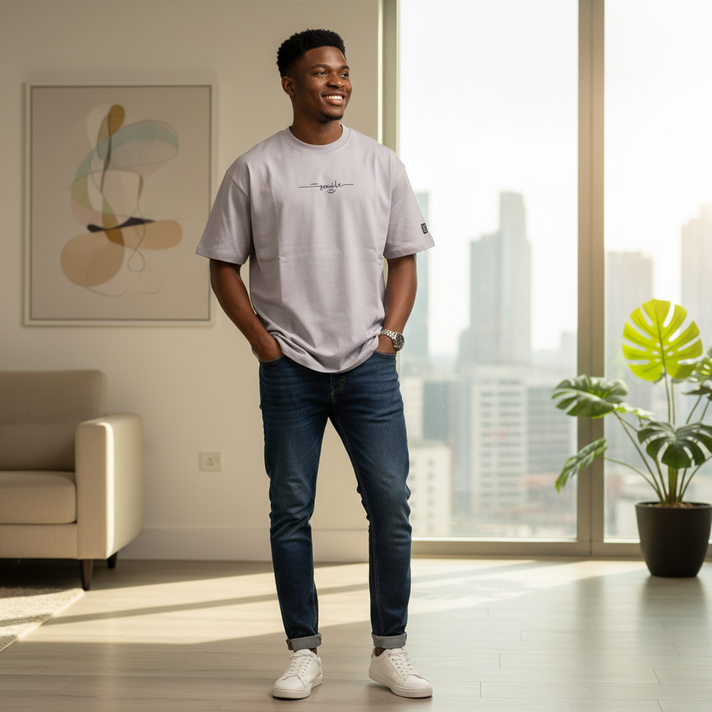 Model shot – John Store Happy Smile Grey Oversized Crew-Neck Tee