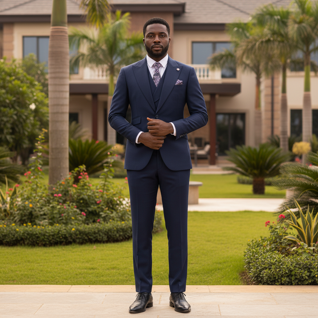 Nigerian male model wearing navy blue slim fit three-piece suit