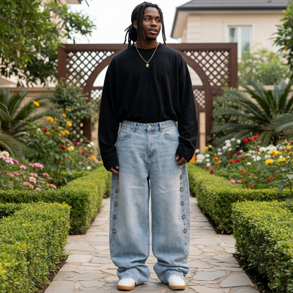 Nigerian male model wearing light blue baggy wide-leg side seam rhinestone stud denim jeans