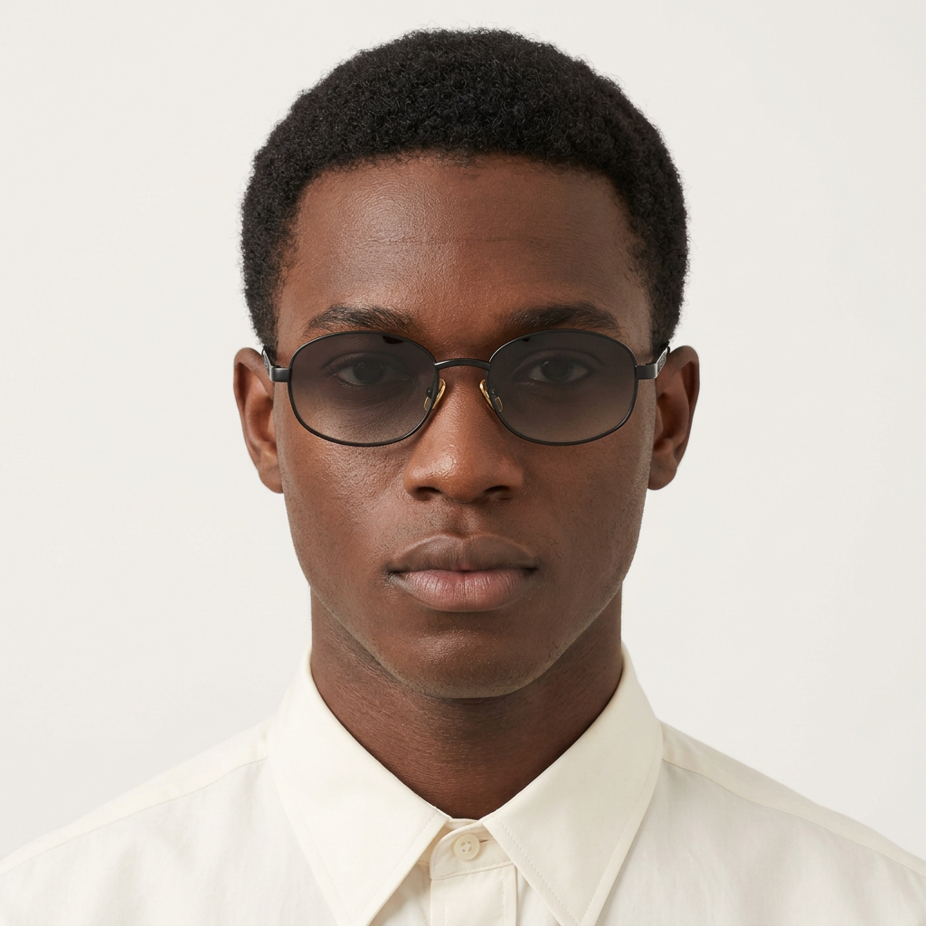 Nigerian Black male model wearing slim black gradient sunglasses