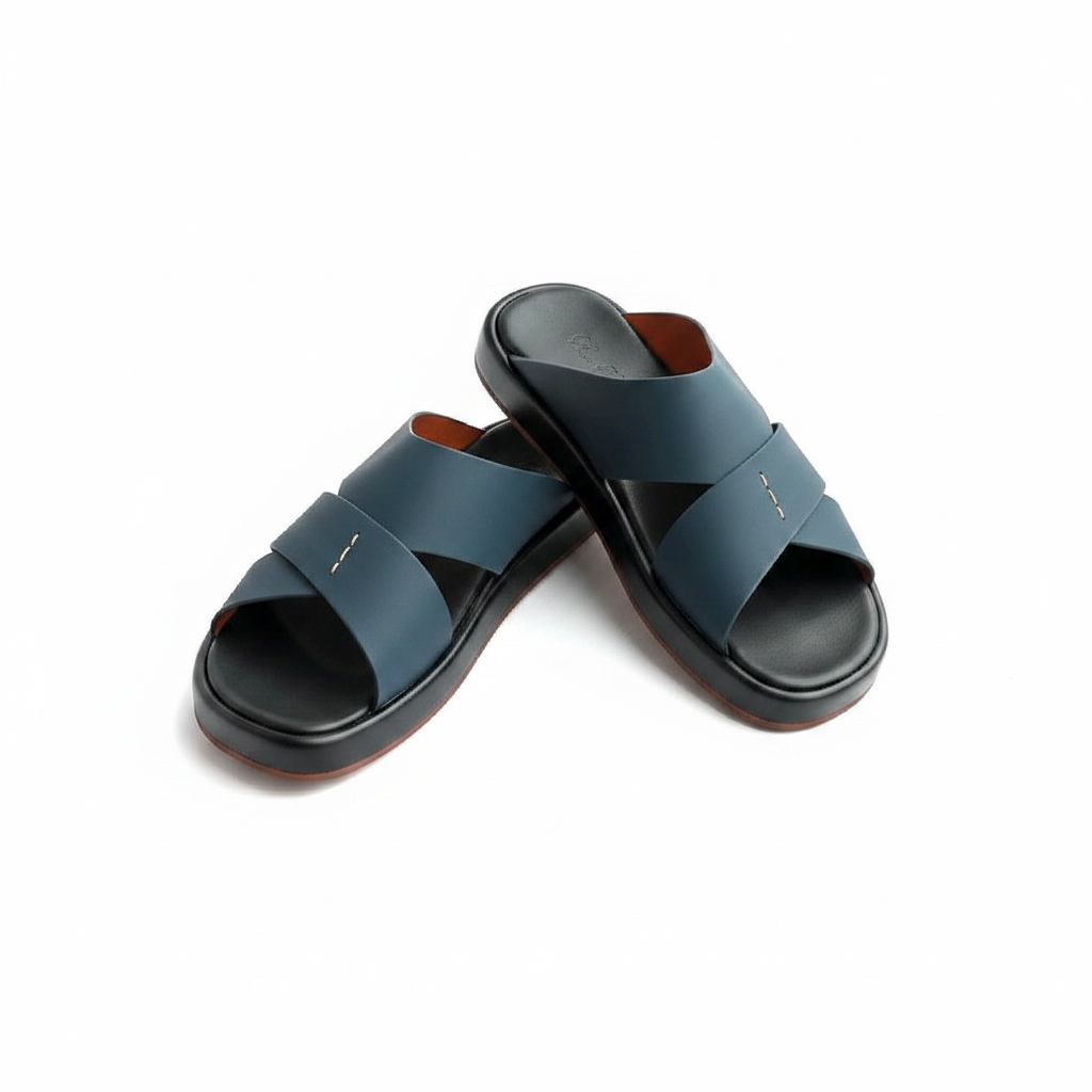 Men's navy cross-strap slide sandal with brown sole ghost mannequin pair