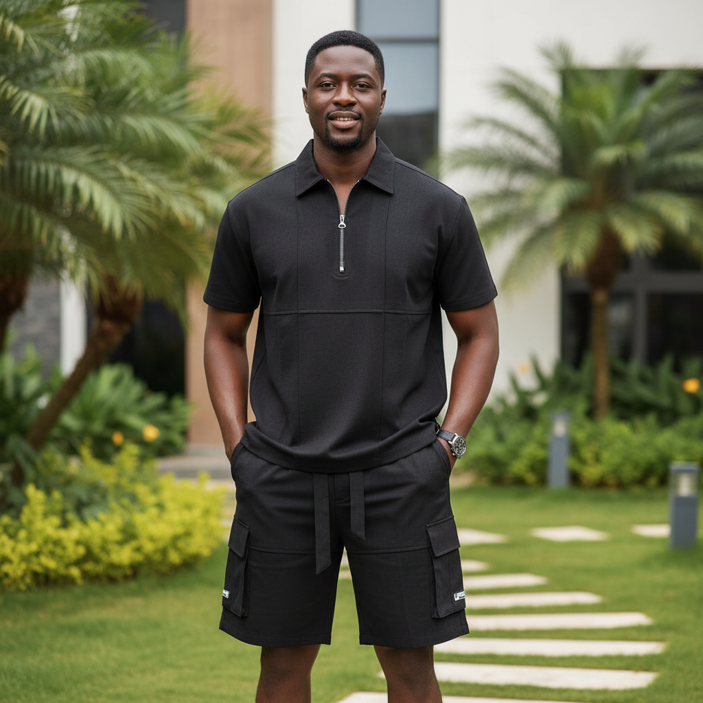 Men's Black Zip Polo & Cargo Shorts Co-ord Set – Model Shot