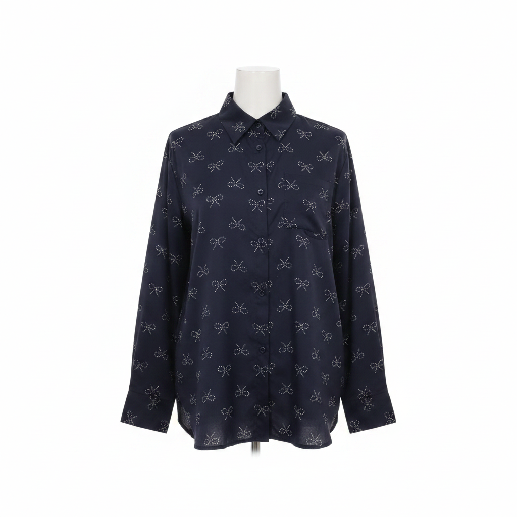Women's navy blue all-over silver glitter bow print long-sleeve shirt - ghost mannequin front view