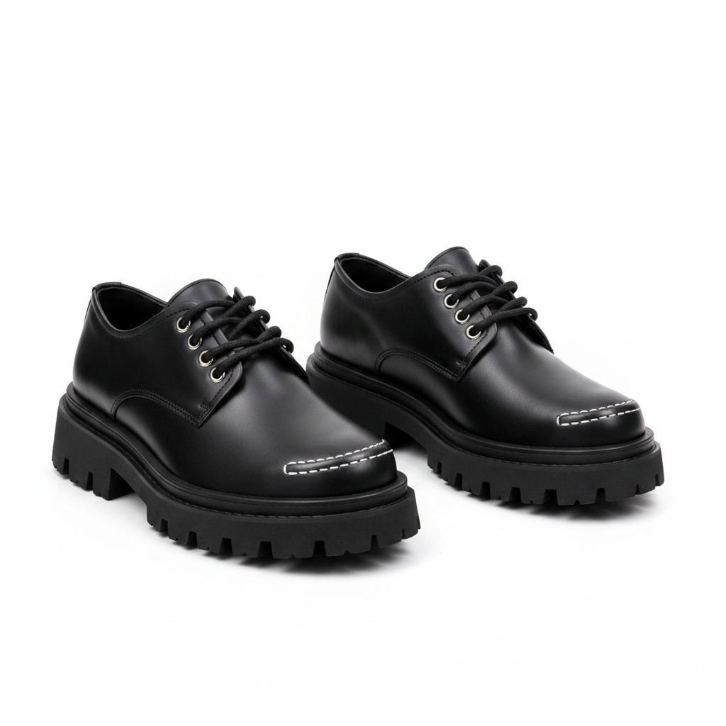 Black leather contrast stitch chunky lug sole Derby shoe ghost mannequin product shot, plain white background