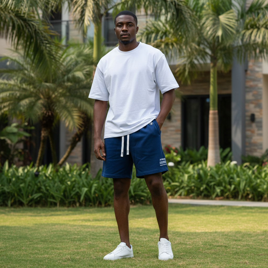 Nigerian male model wearing navy blue fleece drawstring shorts in upscale outdoor setting
