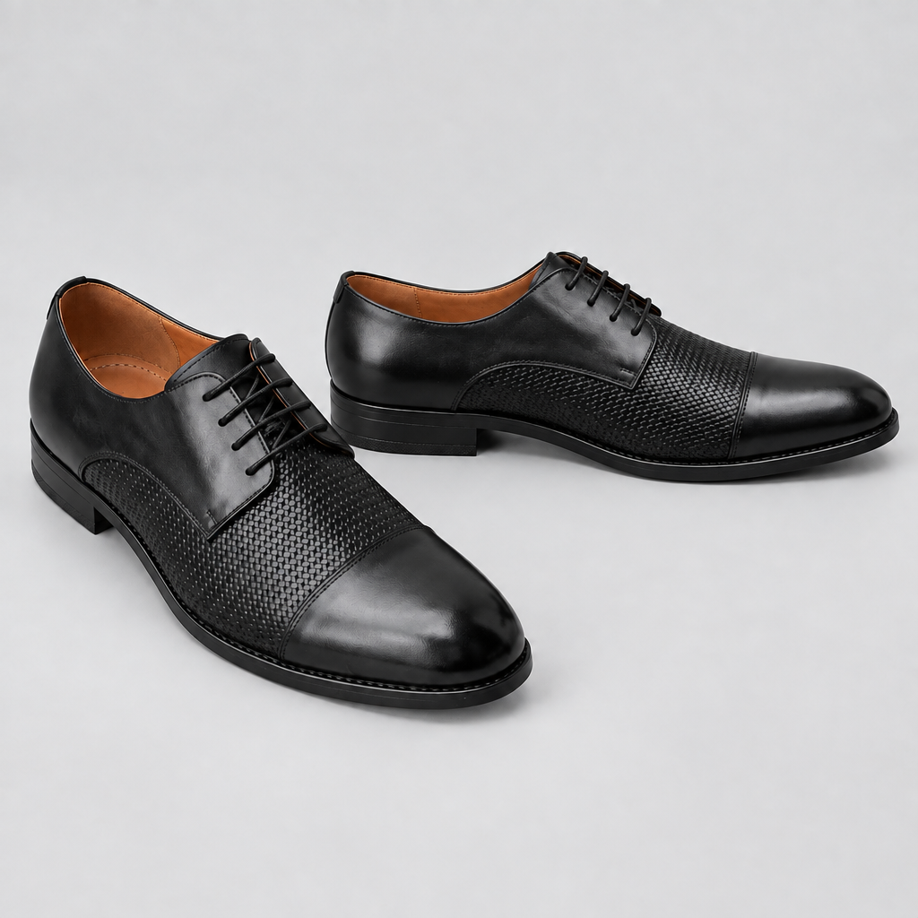 Men's black woven cap toe Derby dress shoes, front and side view