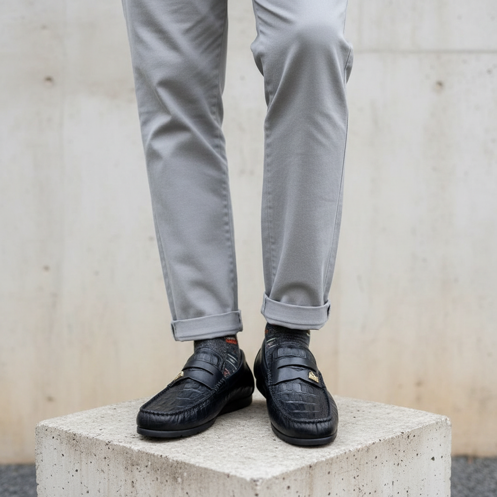 Nigerian male model leg focus shot wearing navy croc-embossed gold badge penny loafers