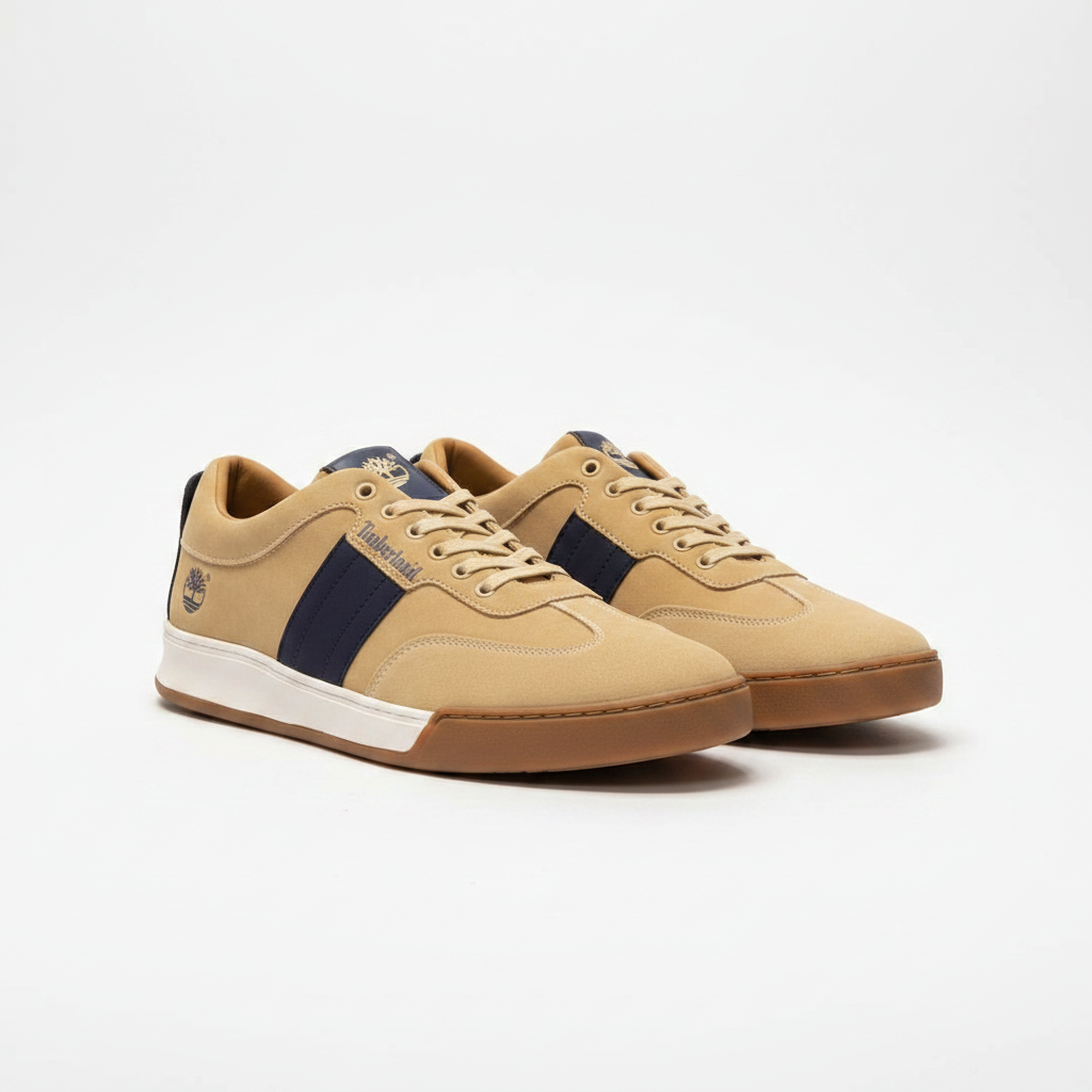 Men's wheat suede lace-up sneakers with navy stripe panel pair product shot