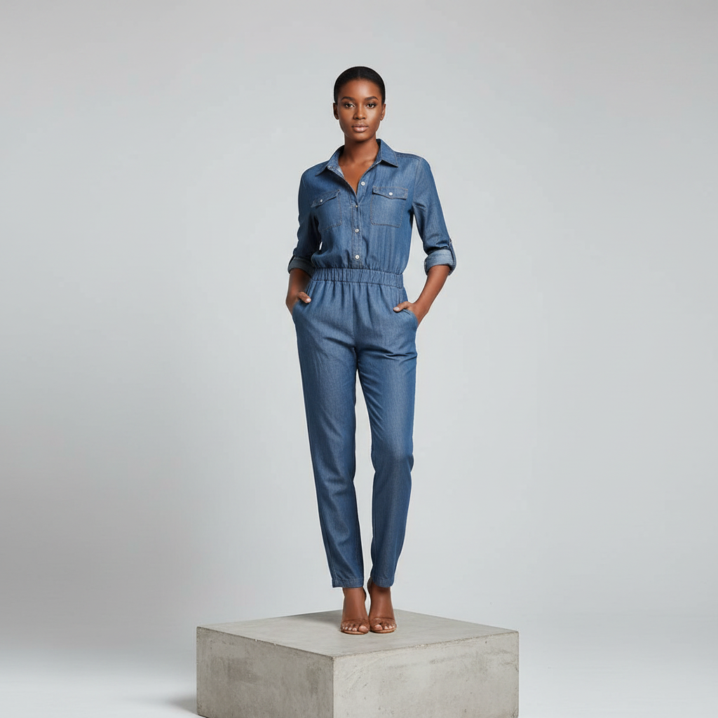 Steel Blue Denim Shirt Jumpsuit - Model Front