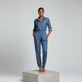 Steel Blue Denim Shirt Jumpsuit - Model Front