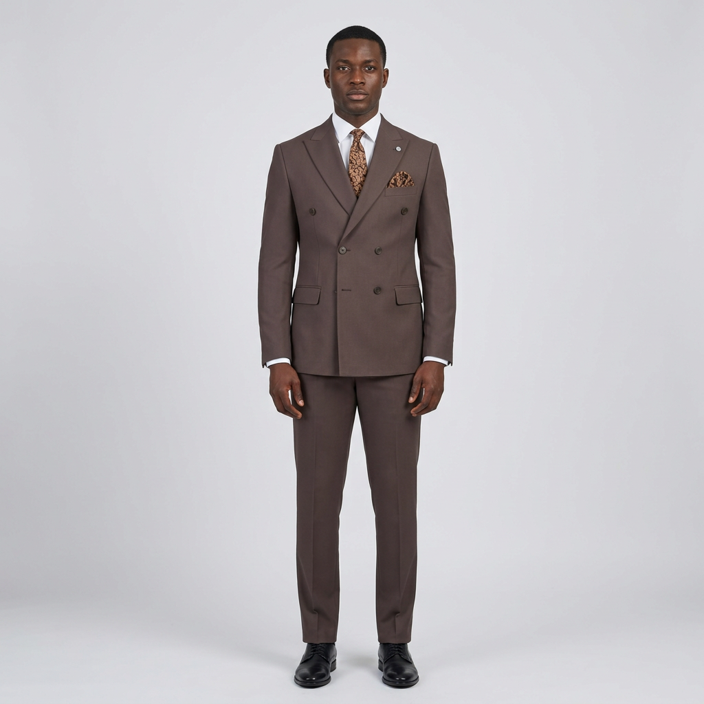 Full-body Black adult model wearing a taupe brown double-breasted suit