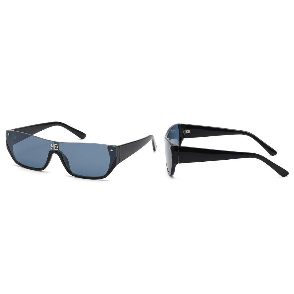 Black shield sunglasses with a blue-grey reflective lens and silver-tone details, front and side views
