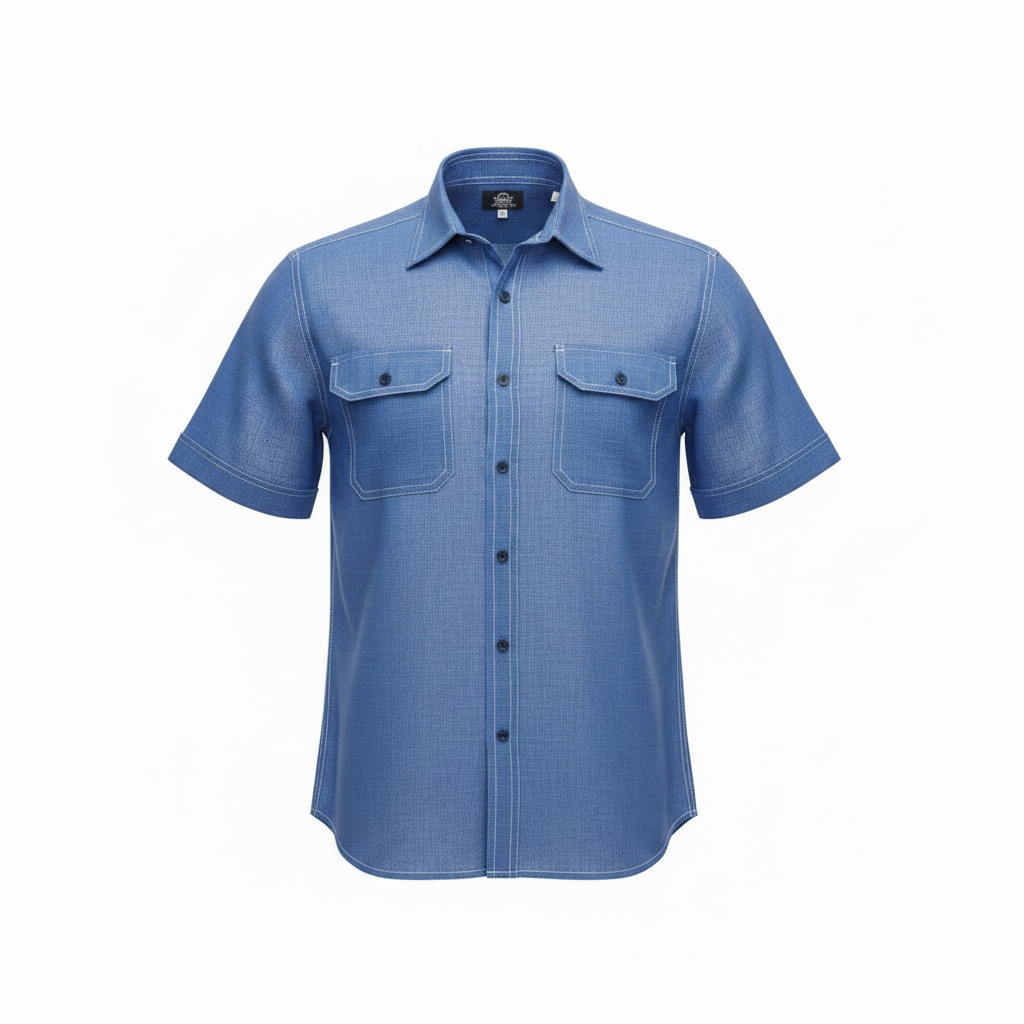 Ghost mannequin of royal blue linen-texture short-sleeved shirt on white background