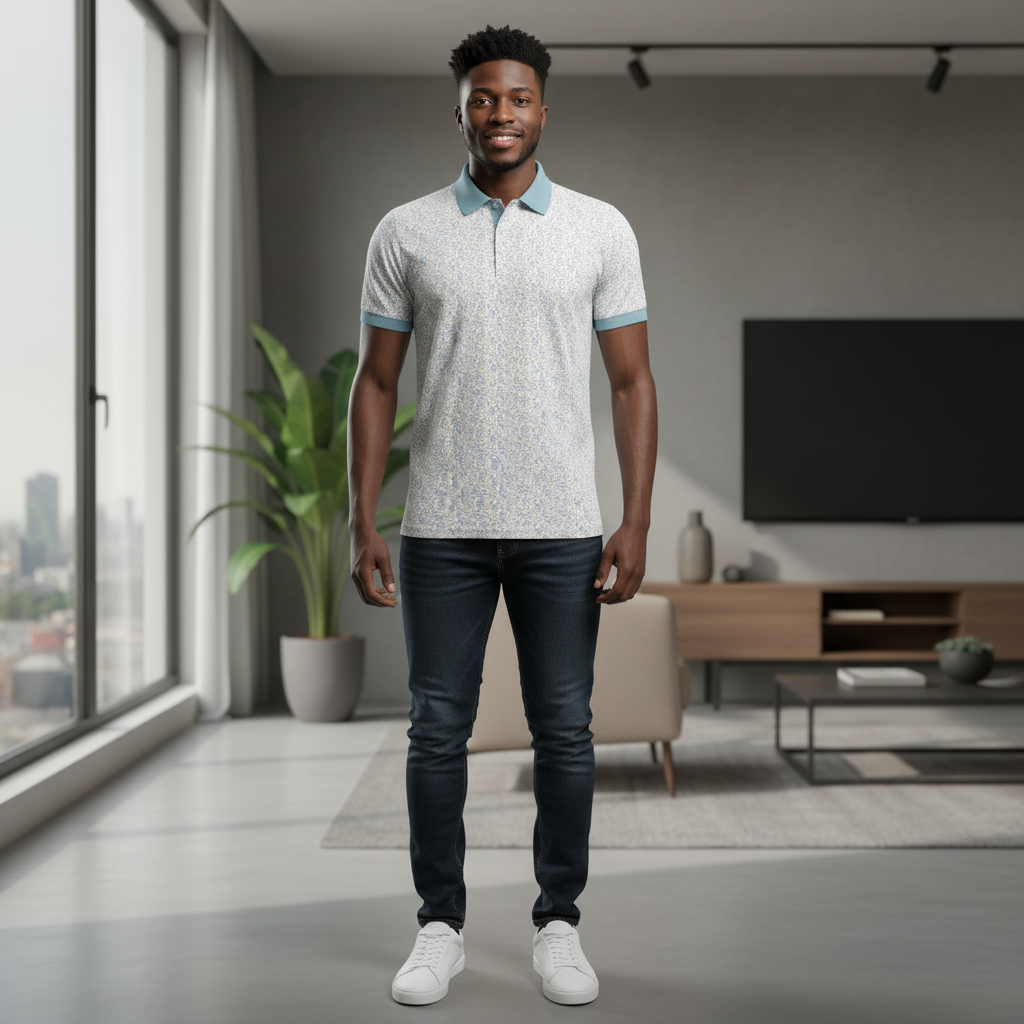 Young Nigerian male model wearing floral print teal collar polo shirt