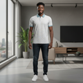 Young Nigerian male model wearing floral print teal collar polo shirt