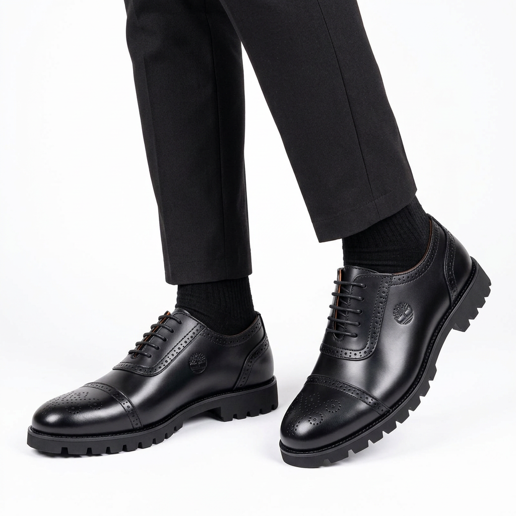 Male model wearing black cap-toe brogue lug-sole lace-ups with both shoes visible on white