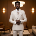 Cream Pinstripe Double-Breasted Suit â€“ Nigerian Model Full Square