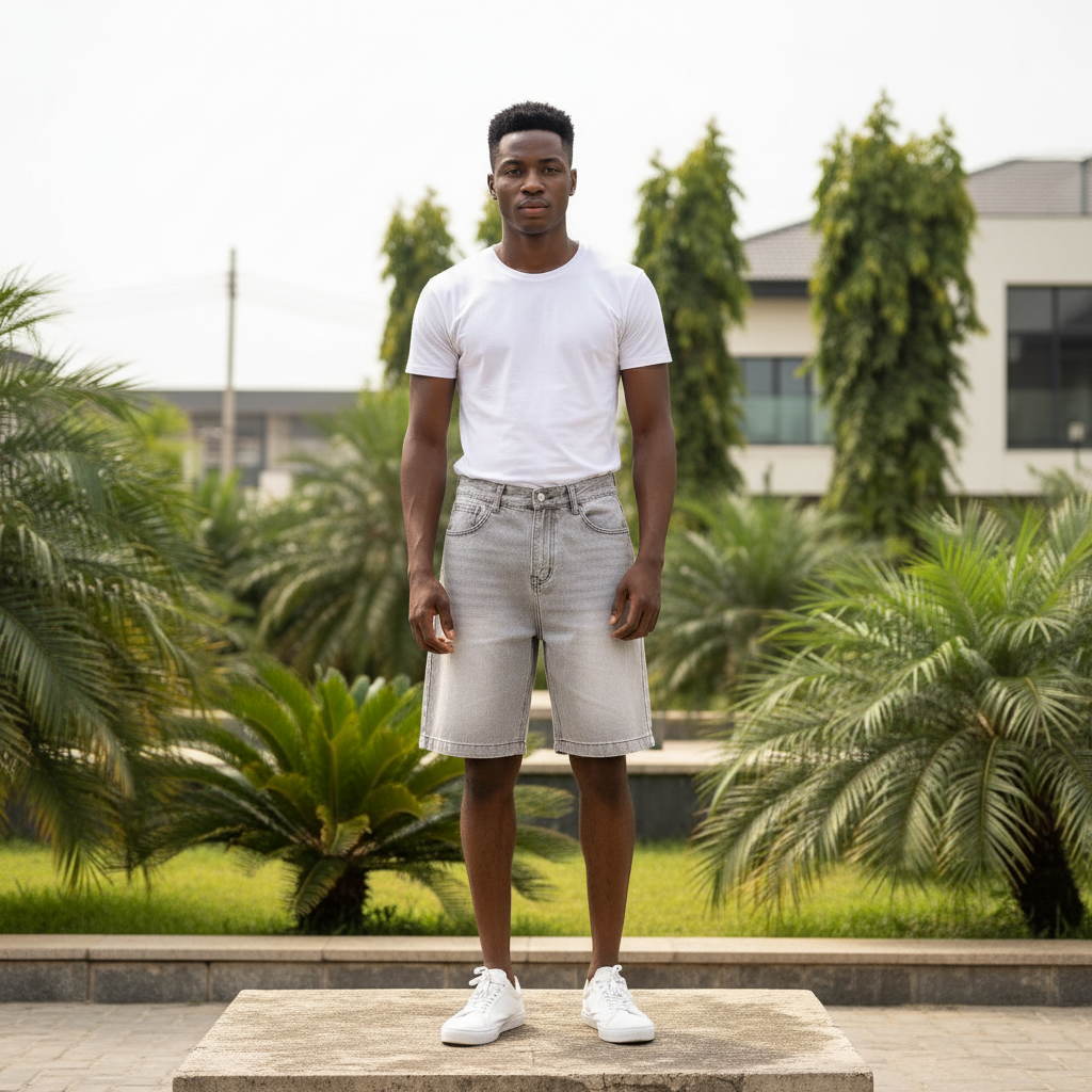 Nigerian male model wearing men's light grey silver washed wide-leg denim shorts streetwear style