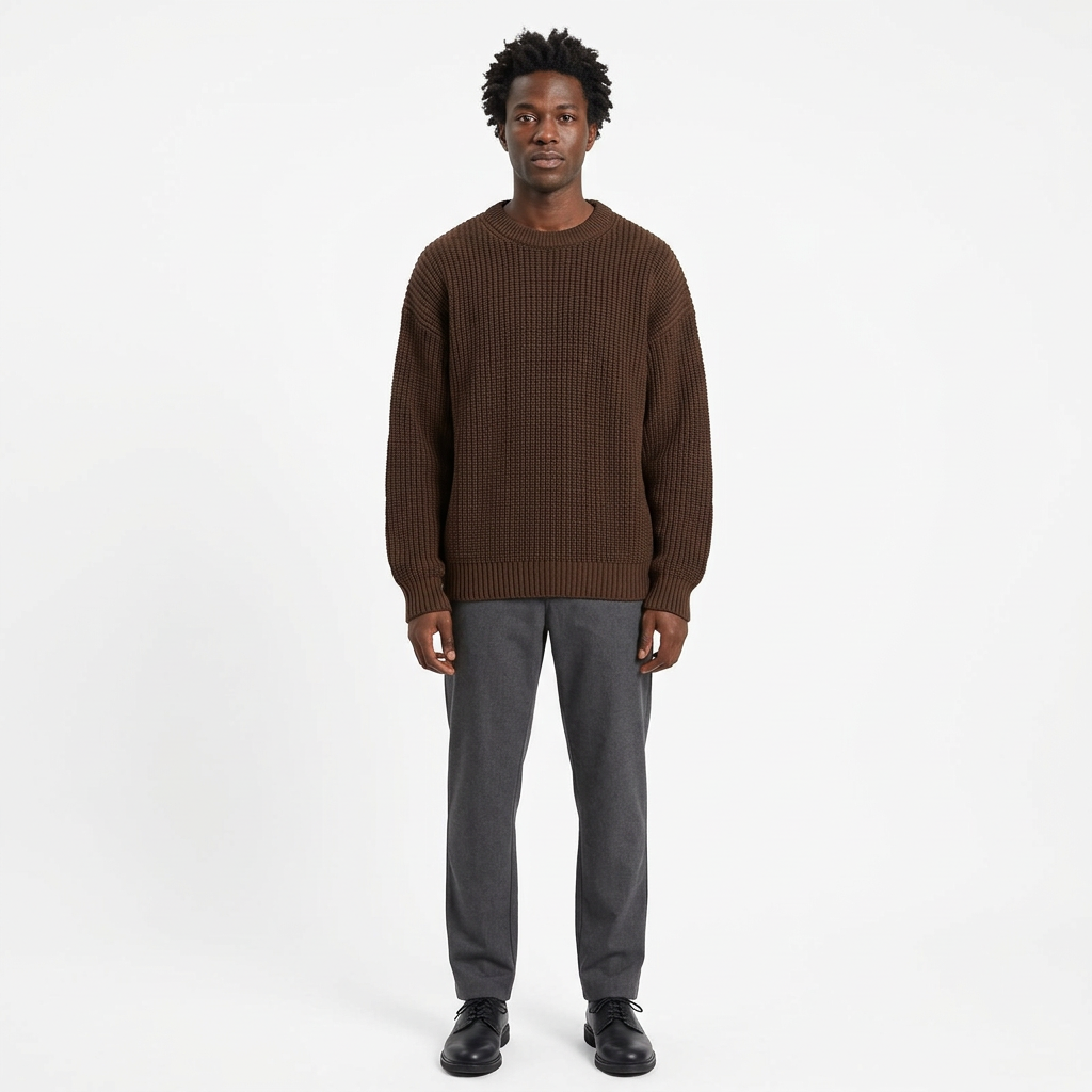 Full-body male model wearing a brown rib-knit crew-neck sweater