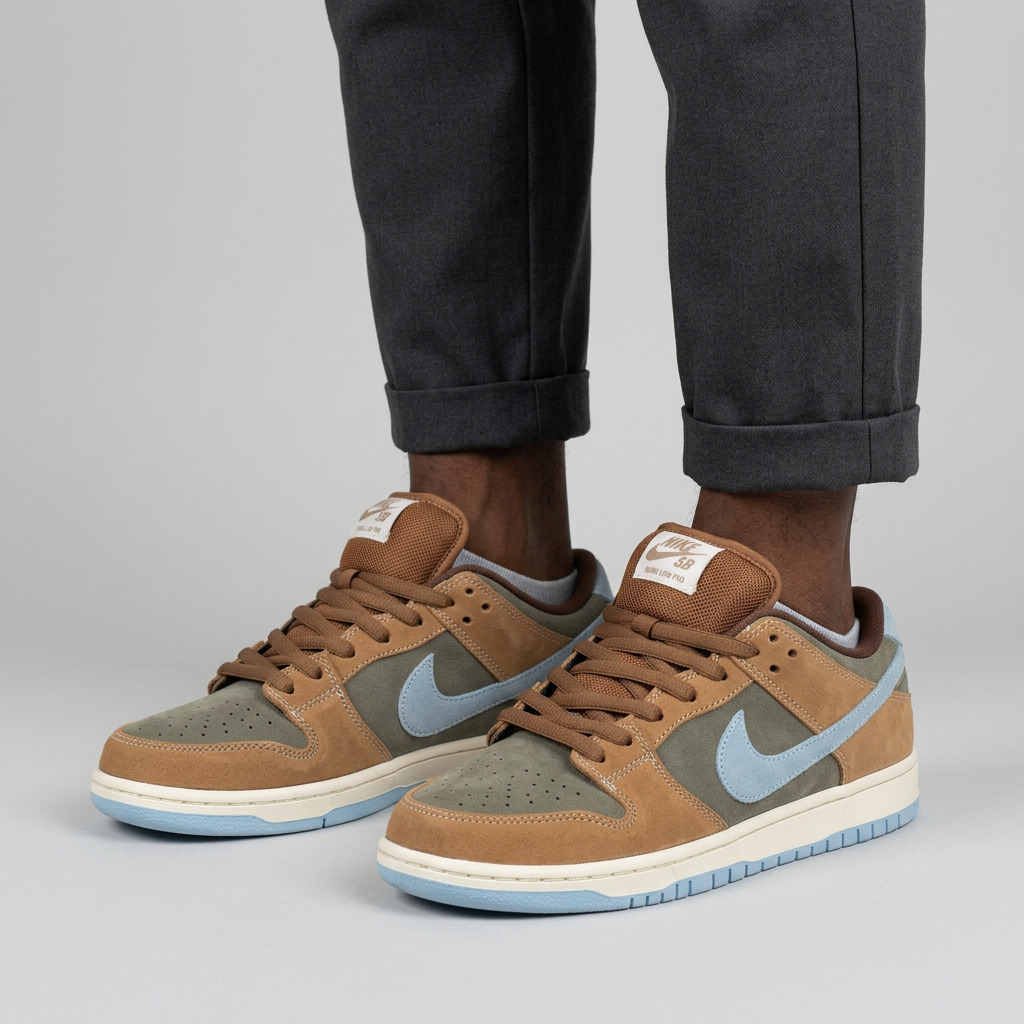 Tan olive-grey and pale blue low-top sneakers worn by a man in a light-grey studio
